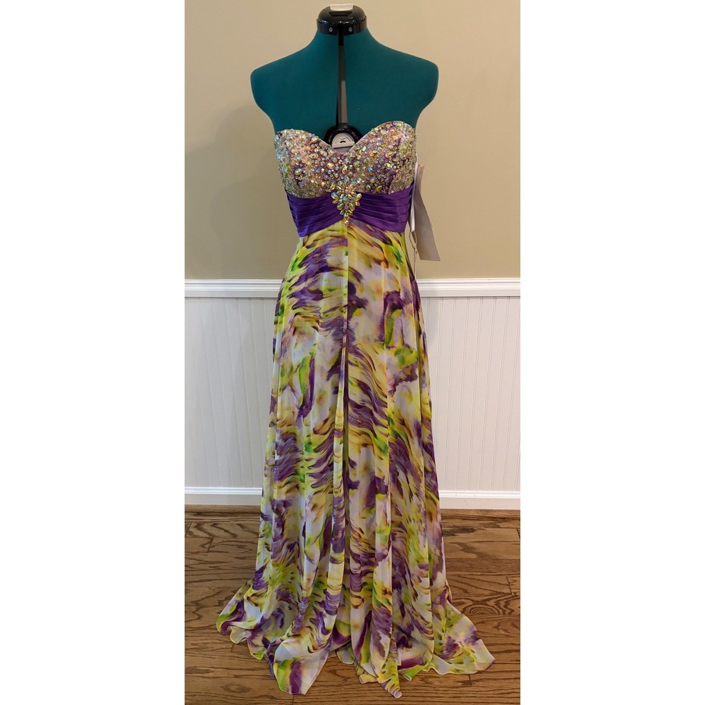 Tony Bowls Paris Strapless Beaded Prom Formal Gown Purple Floral Dress Sz 6